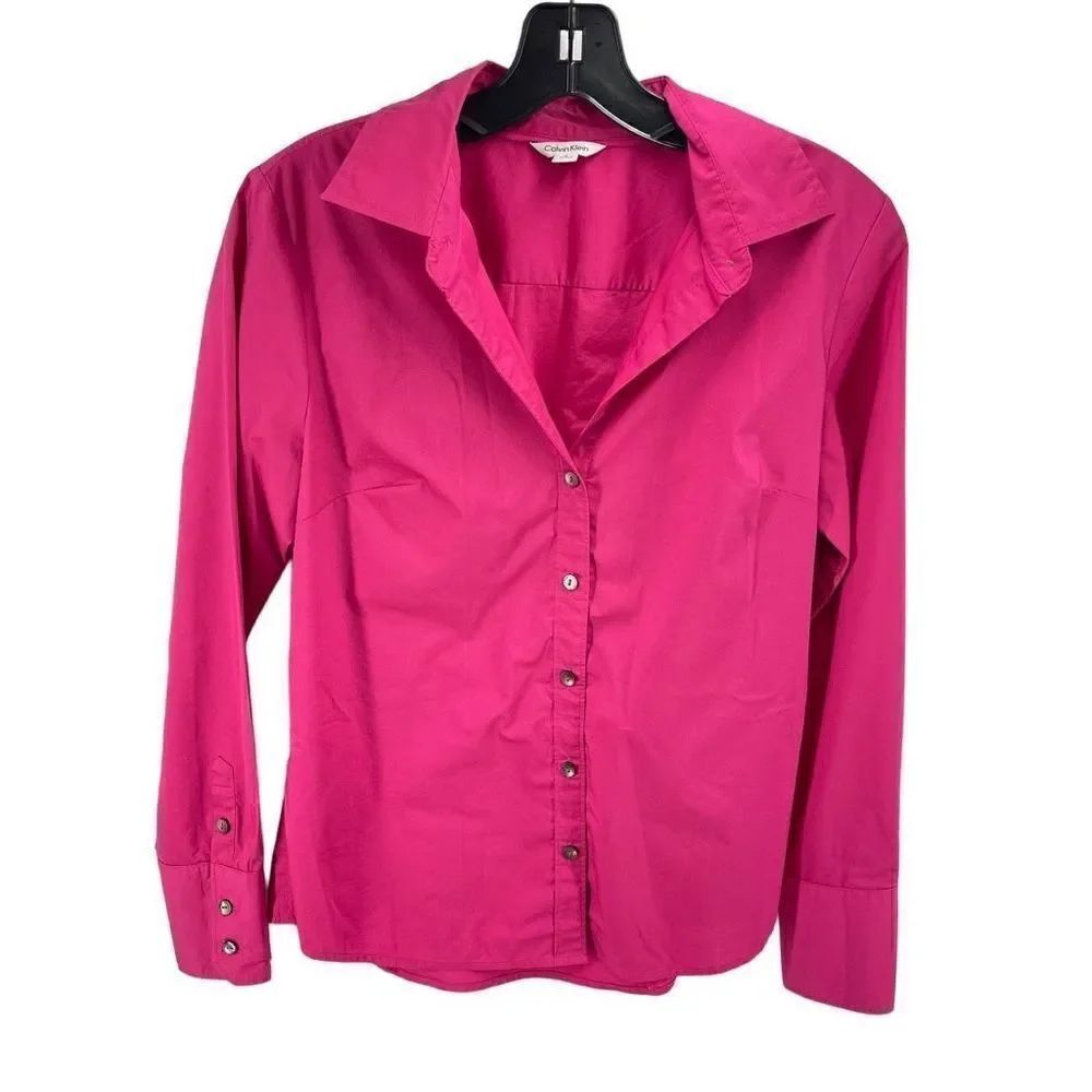 Calvin Klein Womens Button Up Shirt Top Long Sleeve Stretch Pink Size Small